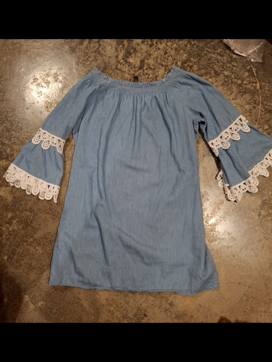 Lapis Tops - Lapis Light Blue Off-Shoulder Bell Sleeve Tunic/Dress with White Crochet Lace
